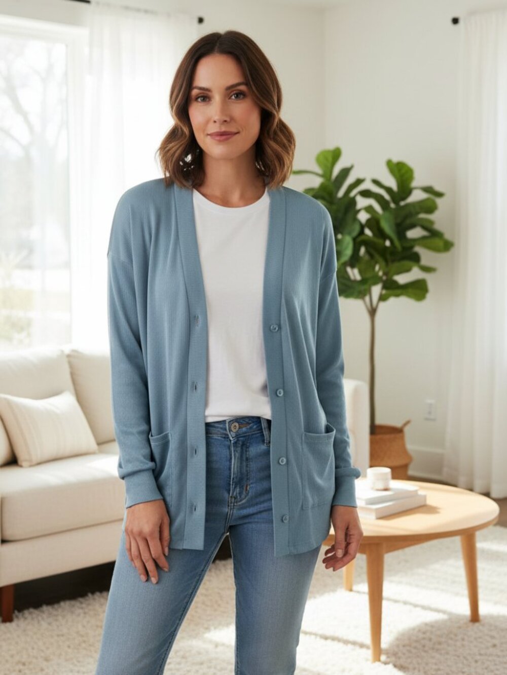 Live 2 Lounge XS Cardigan Top Sleepwear Blue Long Sleeve Pockets Pajama Comfy